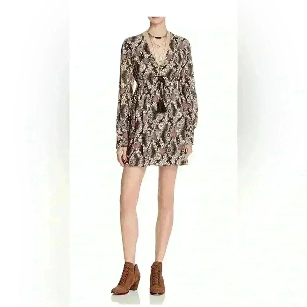 Free People Stealing Fire Printed Mini Dress Boho Bohemian Tassel Medium